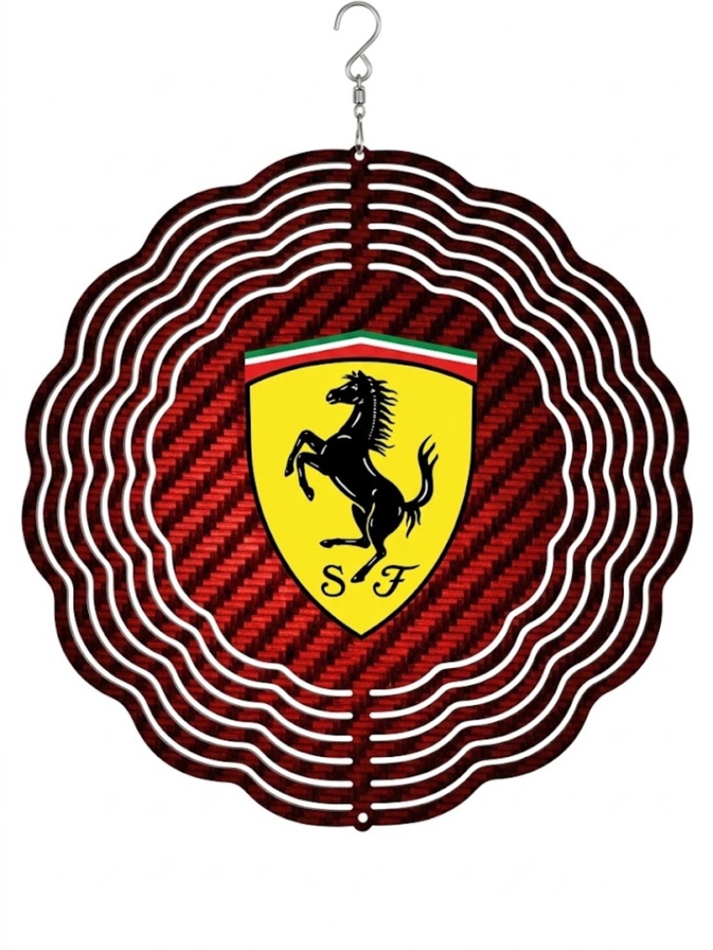 10" Ferrari Shield Kinetic Wind Spinner - Red Carbon Metal Hanging Yard Decor